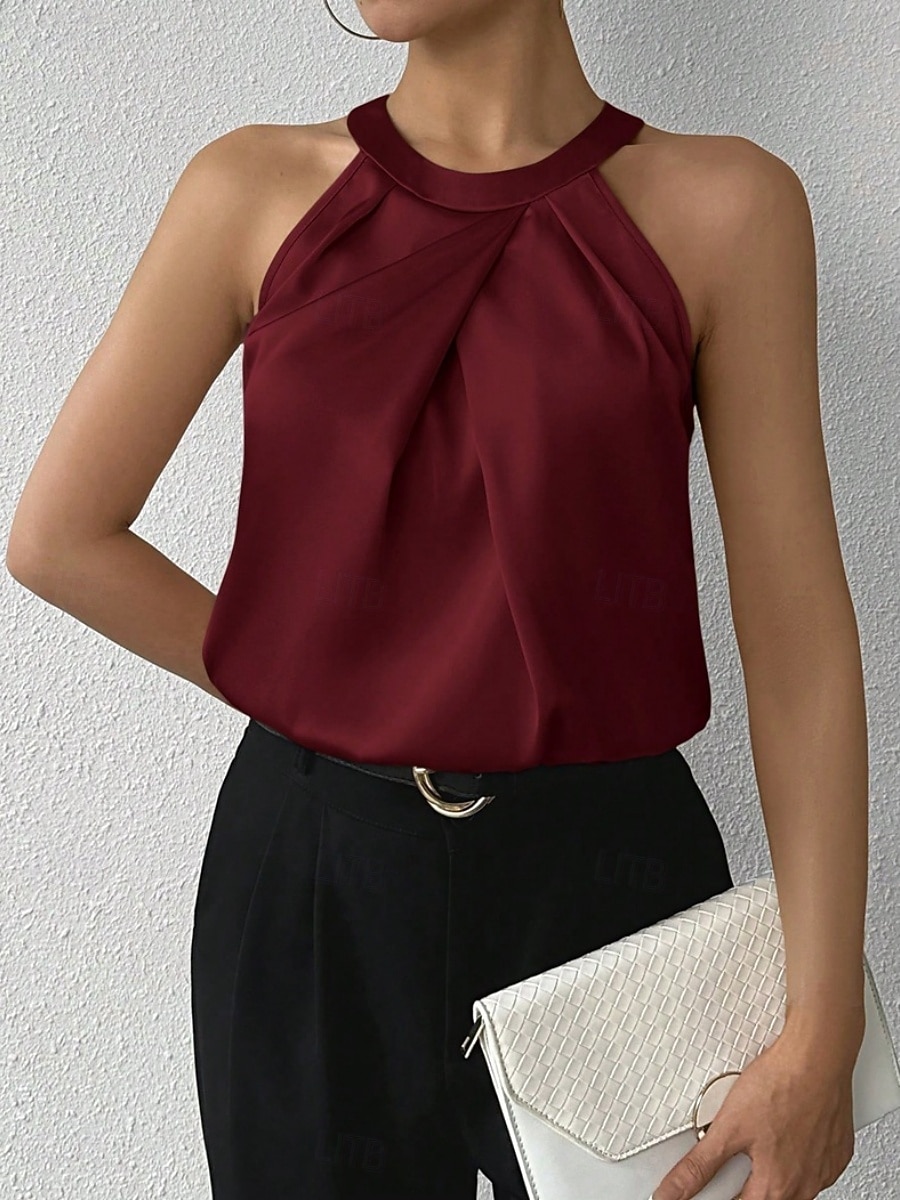 Damskie Elegancki Top satynowy Satynowa koszula Koszula obozowa Z marszczeniami Jednokolorowe Elegancki Podstawowy Codzienny Bez rękawów Kantarka Zwykłe topy Codzienny Święto Wyjściowe Czarny Biały 2026 - $25.99 –P20