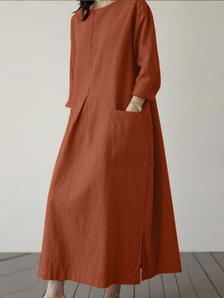 בגדי ריקוד נשים שמלת מיני פשתן כותנה דמוי עור שמלת שיפט יום יומי יומי מונח בצורה רפויה אחיד שרוול ארוך צווארון עגול קצר שחור כתום ירוק צבאי משמש קיץ אביב סתיו 2026 - $34.99 –P7