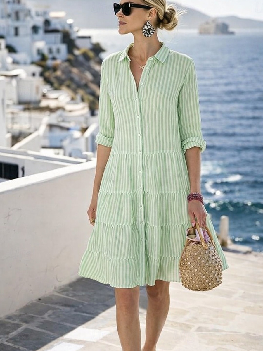 Per donna Mini Abito Abito a Tubino Abito Estivo Casual Quotidiano Vestibilità regolare A righe Manica Lunga Bavero Blu Giallo Rosa Rosso Estate Primavera Autunno del 2026 a $29.99 –P1