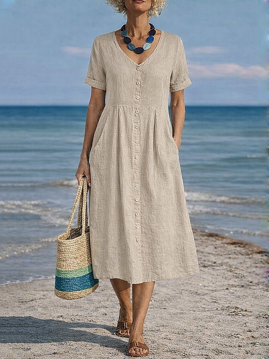 Damskie Sukienka midi Sztuczna bawełna len Sukienka A line Codzienny Codzienny Regularny Równina Krótki rękaw W serek Niebieski Czarny Biały Wino Lato Wiosna 2026 - $31.99 –P12