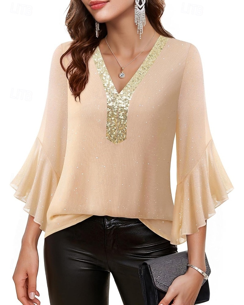 Mulheres Blusa Tops de lantejoulas Patchwork Bloco de cor à moda Moderno Manga 3/4 Sino Decote V Tops regulares Diário Feriado Para Noite Azul Preto Vermelho Verde Verão Primavera de 2026 por $31.99 –P20