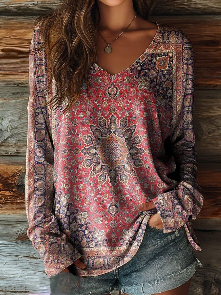 Maglietta Boho da donna con grafica floreale piante vintage elegante casual maniche lunghe scollatura a V tops regolari stampa blu nero rosso estate primavera del 2026 a $24.99 –P1
