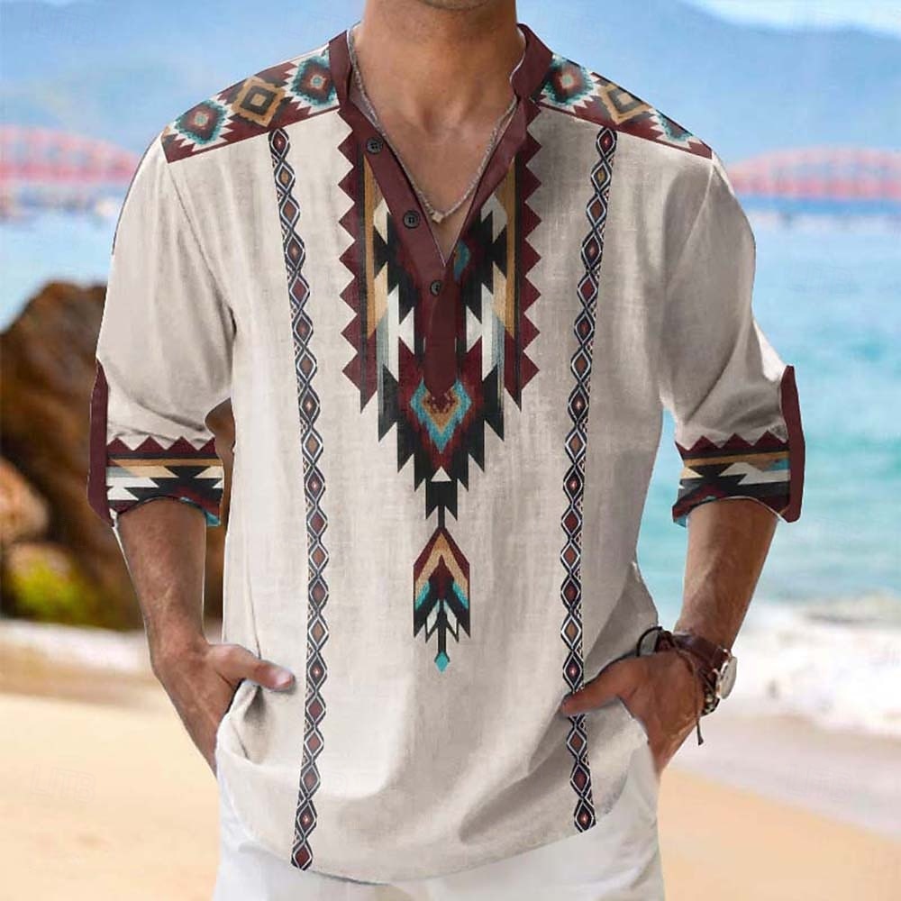 Per uomo Geometrico Azteco Etico / africano Camicia Camicia con Bottoni Maglia Henley Manica Lunga Vintage Retrò Tribale Casuale Vacanza Estate Primavera Collo alla coreana Colletto Mao Stampa 3D del 2026 a $27.99 –P1