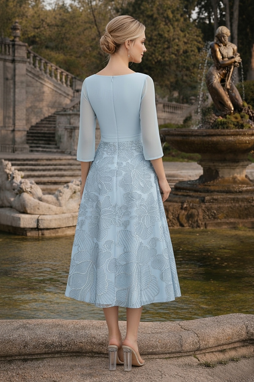 A-Line Dress Tea Length Wedding Guest Dress Mother of the Bride Dress 3/4 Length Sleeve Boat Neck Elegant Vintage Formal Wedding Guest Kentucky Derby Chiffon with Ruched Sequin Appliques 2026 - $171.99 –P4