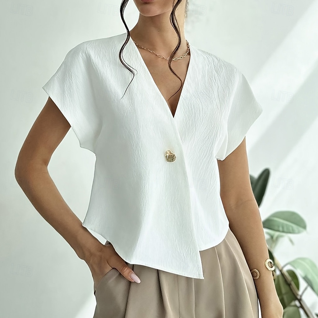Femmes Chemise Décontractée Chemise Boutonnée Chemisier Boutons Ourlet asymétrique Couleur Unie Quotidien Élégant Occasionnel Manche Courte Col en V Hauts Réguliers Quotidien Fête Tenue de plage Noir de 2026 ? $21.99 –P1