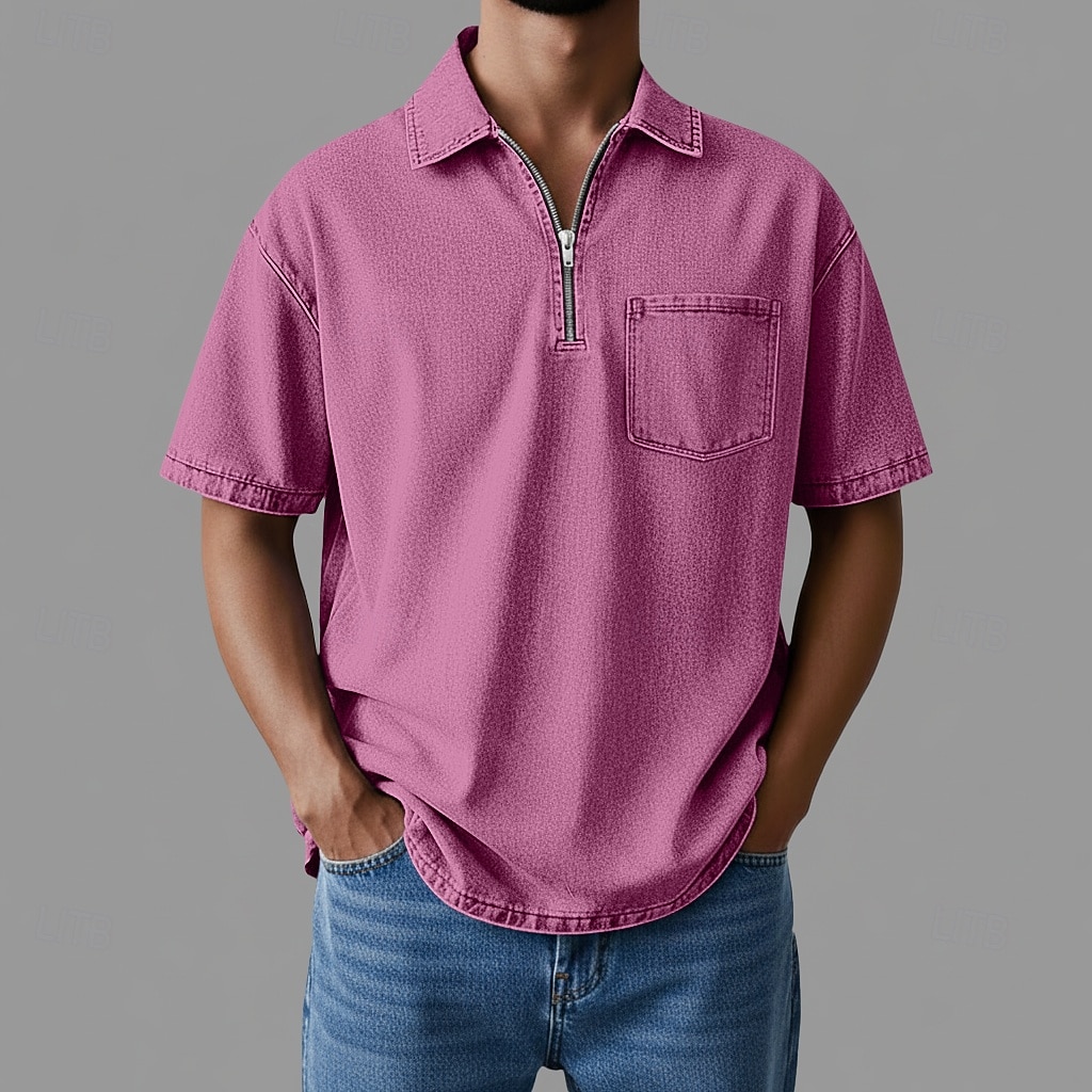 Polo de cremallera SoftFade™ Camiseta de Algodón para Hombre Ropa diaria Cita Media cremallera Manga corta Moda Básica Lisa Bolsillo con cremallera Primavera y Verano Ajuste regular Negro Rosa Marrón 2026 - $35.99 –P9