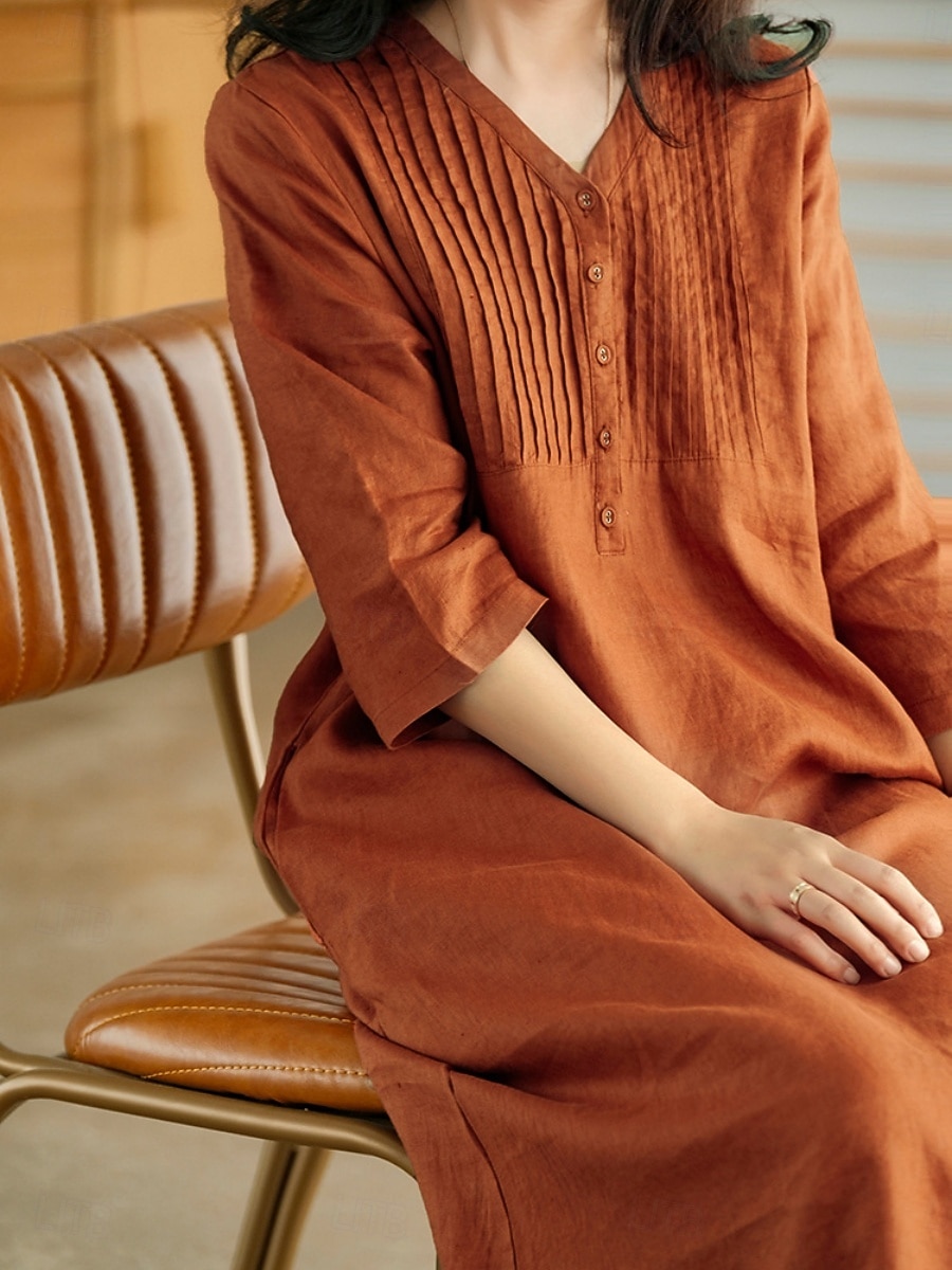 Per donna Abito Midi Abiti effetto lino Abito a Tubino Abito Estivo Casual Quotidiano Vestibilità comoda Semplice Manica 3/4 Scollo a V Blu Arancione Verde Beige Estate Autunno del 2026 a $32.99 –P2