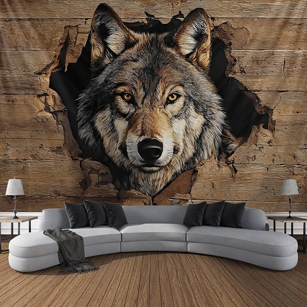 3D-ulveteppe veggteppe realistisk treulv som kommer ut av tre veggdekor stor stoffplakat til stue soverom mannehule 2026 - $19.99 –P5