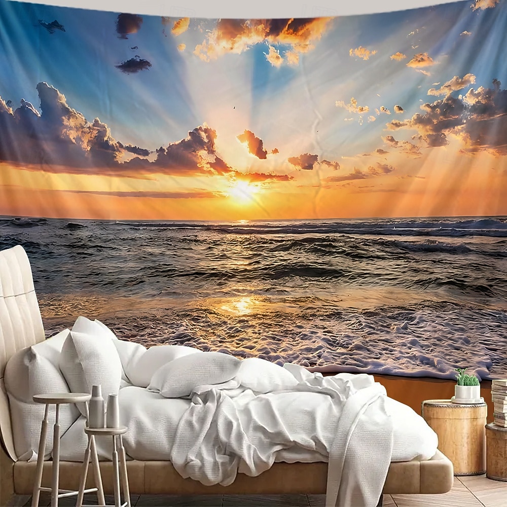 solnedgang strand billedteppe veggteppe hav sjøbølger solstråler natur landskap veggkunst til stue yogarom meditasjonsrom dekor 2026 - $16.99 –P2