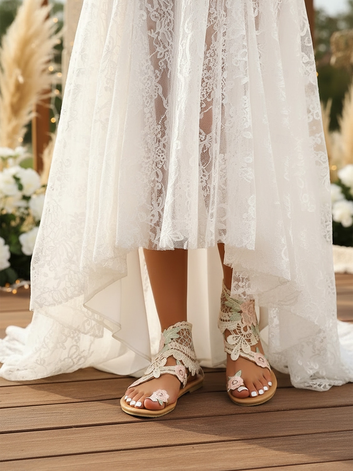 Ivoorwitte kanten platte sandalen voor dames, elegante boho bruidsschoenen voor een strandbruiloft 2026 - $29.99 –P2