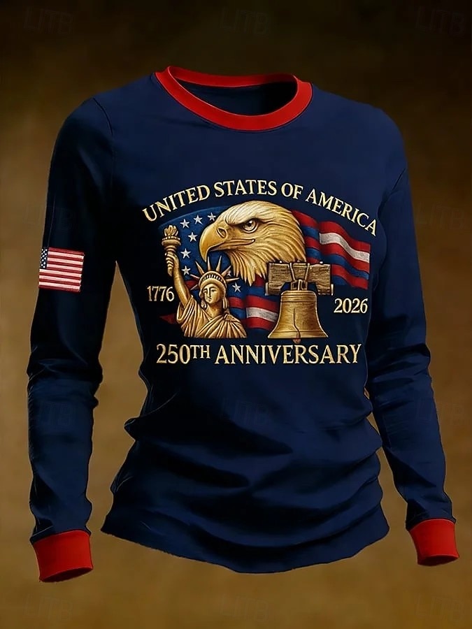 2026年 独立記念日 アメリカの記念日 愛国的な女性用 Tシャツ グラフィック フラッグ スタイリッシュ クラシック カジュアル 長袖 クルーネック ラウンドネック 日常 プリント ブルー ブラック 夏 春 秋 冬  コレクション – $24.99 –P1