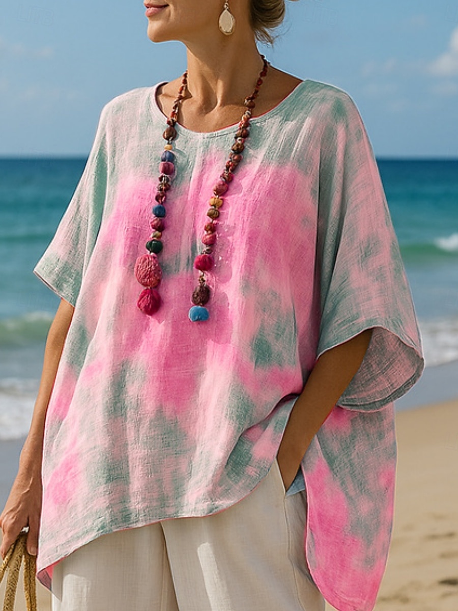 Per donna Blusa Stampato Orlo asimmetrico Ombre Floreale Elegante Casual Mezza Manica Girocollo Top Regolari Quotidiano Blu Rosa Azzurro cielo Estate Primavera Autunno del 2026 a $21.99 –P1