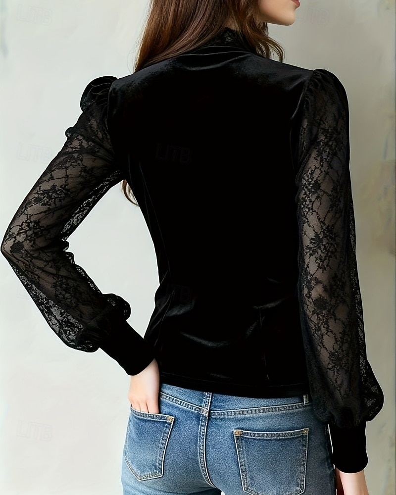 Mujer Camisa Blusa Tops de encaje Encaje Botones Plano Diario Elegante Moderno Manga Larga Escote en Pico Tops regulares Diario Festivos Noche Negro Verano Primavera Otoño Invierno 2026 - $42.99 –P2