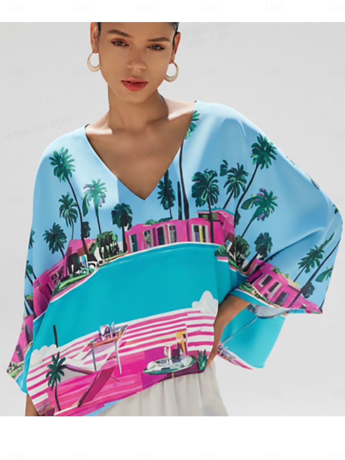 Шелковистый атласный топ с рукавами «летучая мышь» из Санторини, летний 2026 - $67.99 –P1