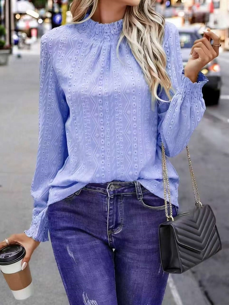 Femmes Chemise popover Chemise Décontractée Chemisier Œillet Couleur Unie Élégant Basique Occasionnel manche longue Col montant Hauts Réguliers Quotidien Extérieur Fête Bleu Violet Vert Abricot de 2026 ? $24.99 –P3