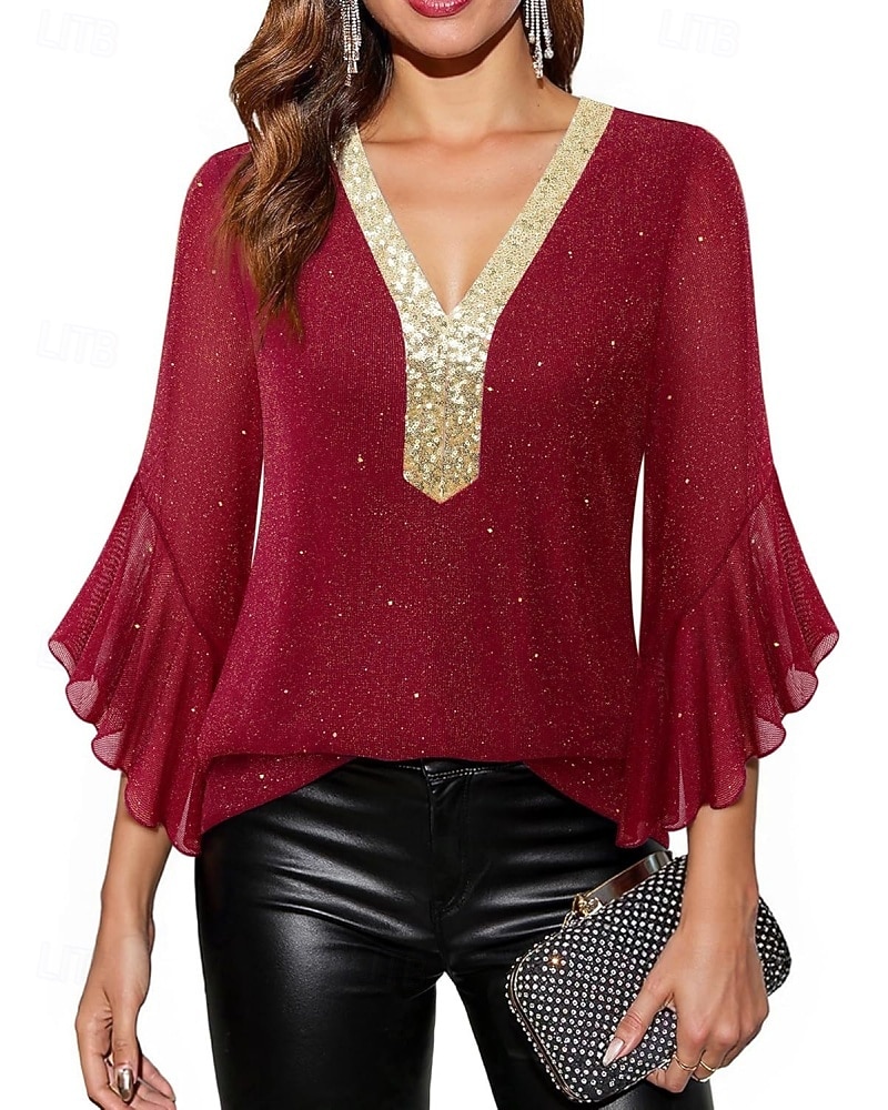 Mulheres Blusa Tops de lantejoulas Patchwork Bloco de cor à moda Moderno Manga 3/4 Sino Decote V Tops regulares Diário Feriado Para Noite Azul Preto Vermelho Verde Verão Primavera de 2026 por $31.99 –P1