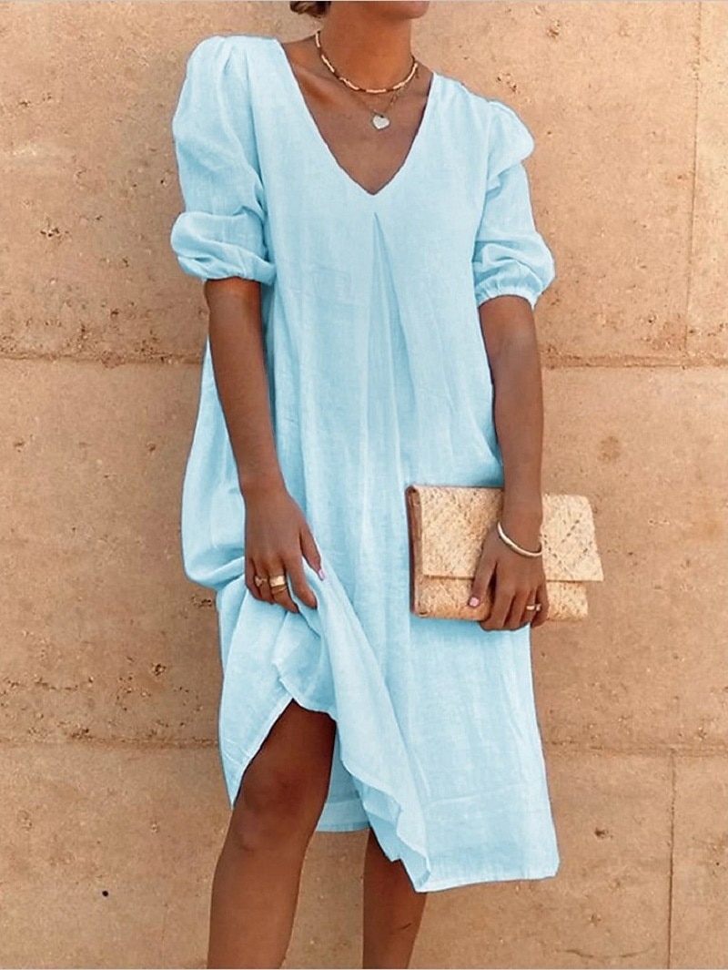 Women's Midi Dress Linen-feel Dresses Shift Dress Shirt Dress White Dress Basic Modern Daily Weekend Loose Fit Plain 3/4 Length Sleeve V Neck Blue Black White Sky Blue Summer Spring 2026 - $13.99 –P6