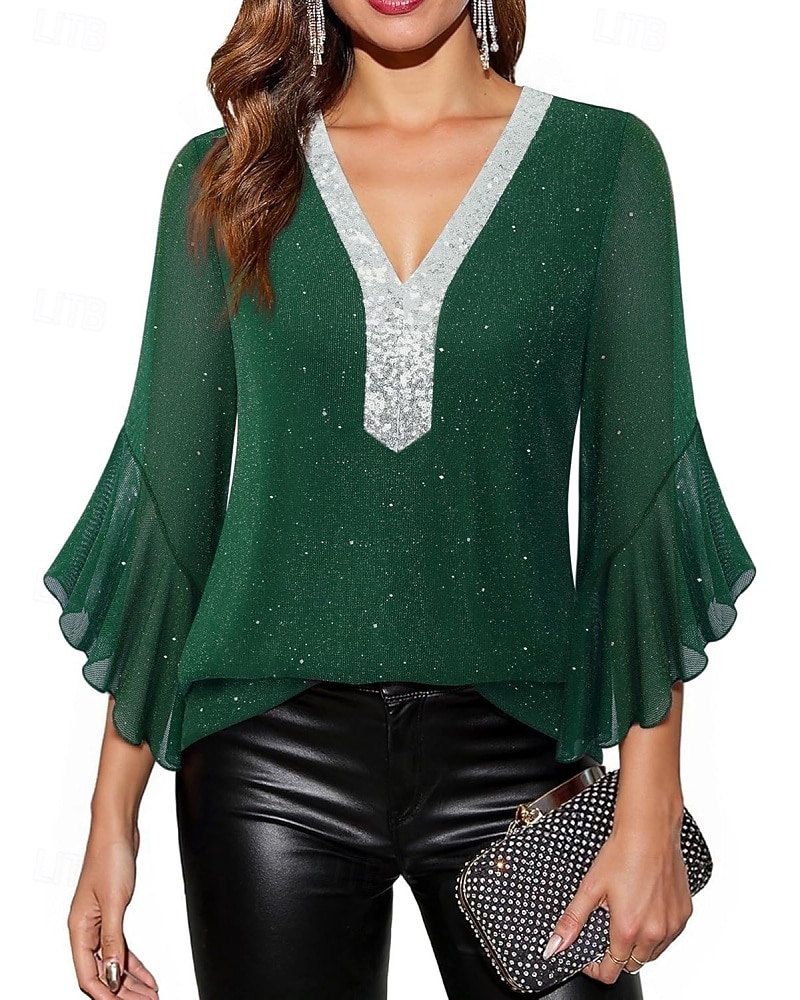 Mulheres Blusa Tops de lantejoulas Patchwork Bloco de cor à moda Moderno Manga 3/4 Sino Decote V Tops regulares Diário Feriado Para Noite Azul Preto Vermelho Verde Verão Primavera de 2026 por $31.99 –P12