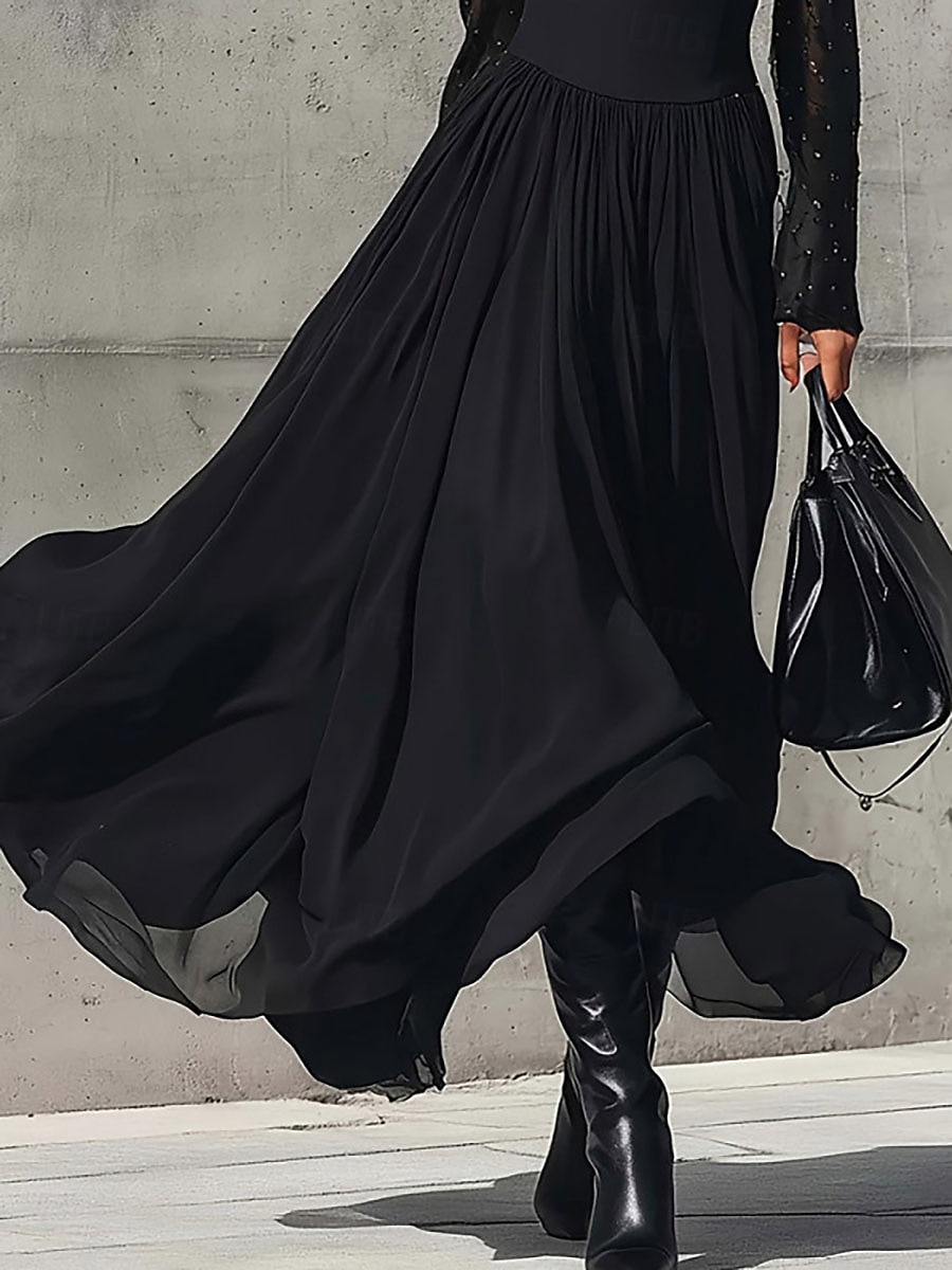Women's Elegant Fashion Casual Maxi Mid Rise Skirts Plain Ruched Layered Micro-elastic Daily Street Black Summer 2026 - $35.99 –P2
