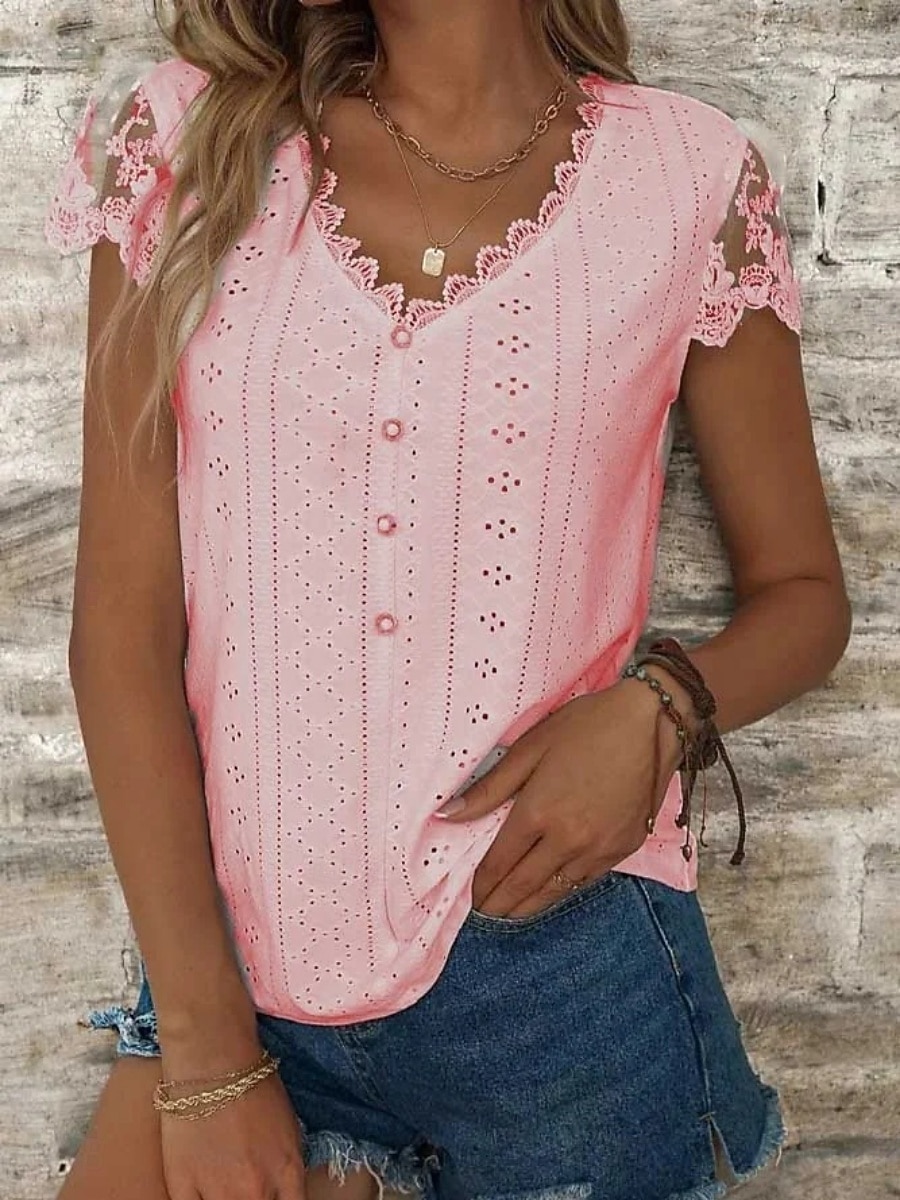Women's Blouse Lace Eyelet Buttons Solid Color Stylish Basic Casual Short Sleeve V Neck Regular Tops Daily Blue Black White Light Green Pink Summer Spring 2026 - $21.99 –P5