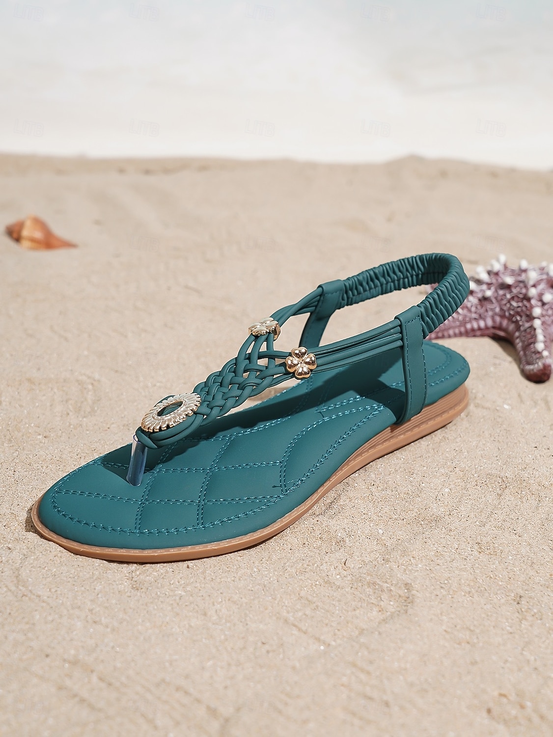 sandali infradito bohémien color verde acqua da donna - eleganti sandali bassi con cinturini intrecciati e dettagli gioiello, comode scarpe estive da spiaggia per vacanze tropicali &fughe sull'isola del 2026 a $26.99 –P5