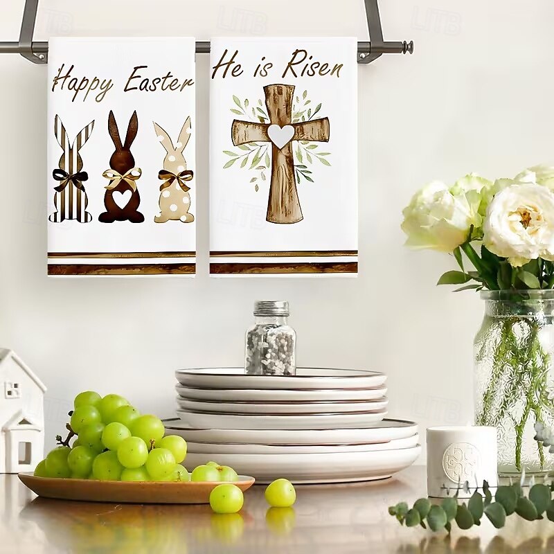 2 stk. kjøkkenhåndklær med påskehare-trykk, vaskbare vårhåndklær med påskehare &eggmønstre, moderne gårdshus rektangulære oppvaskkluter egnet for vårsesongdekorasjonsgave 2026 - $9.99 –P2