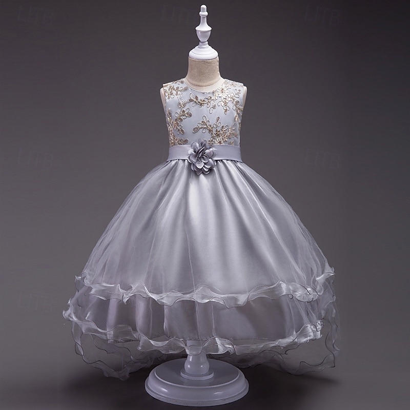 Robe de Demoiselle d'Honneur Fille Fille Robe de soirée Tenue de mariage Soirée Mariage Formel Élégant Mode Beau Maille Fleuri Sans manches Col Rond Gris bleu marine 4 ans et + de 2026 ? $29.99 –P9