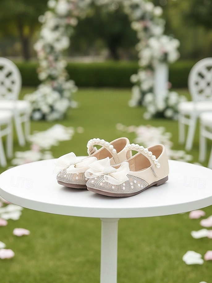 Barnesko med perlebånd og sløyfe til blomsterpiker med strass-tå, elegante prinsessesko til små jenter i kunstskinn, komfortable brudesko med lav hæl, perfekte for blomsterpiker 2026 - $24.99 –P5