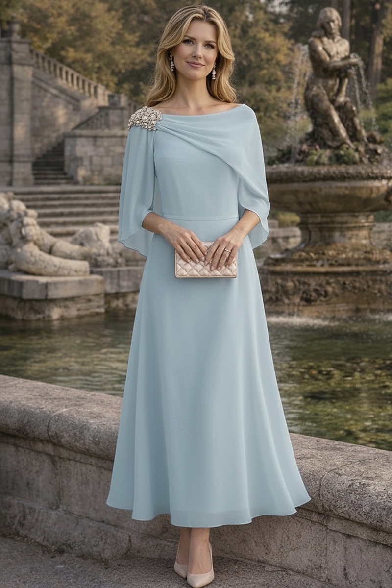 Linha A Até o Tornozelo Vestido de convidada de casamento Vestido formal Vestido de noite Vestido Para Mãe dos Noivos Sem Manga Meia Manga Decote Canoa Elegante Vintage Formal Chiffon com Detalhes em de 2026 por $148.99 –P1