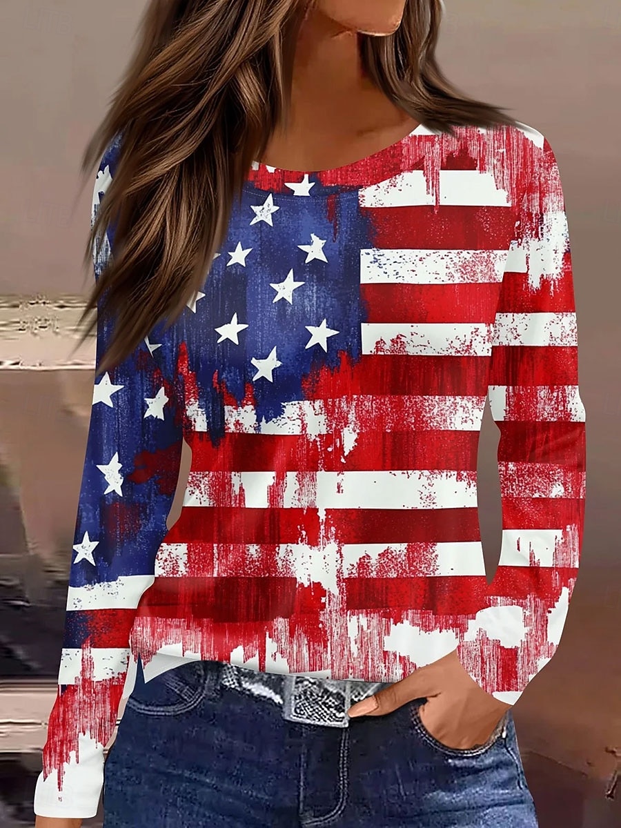 Camiseta Patriótica do Dia da Independência para Mulheres Gráfica com Bandeira Moda Estilosa Clássica de Manga Longa Crew Neck Neck Redonda Tamanhos Regulares para Uso Diário Impressão de Fim de de 2026 por $24.99 –P2