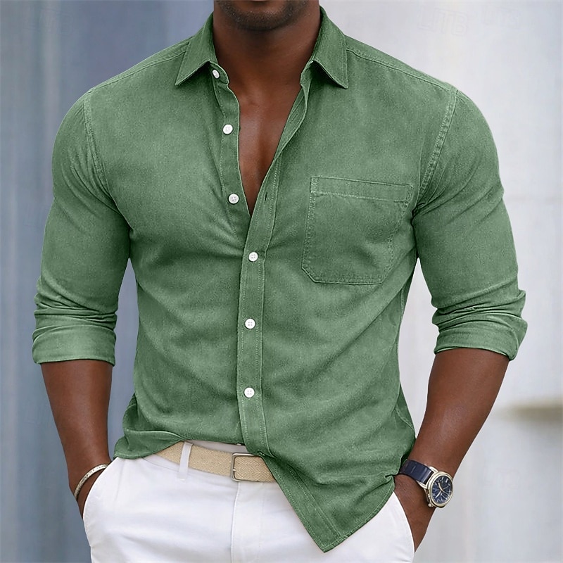 SoftFade™ Men's Shirt Casual Shirt Cotton Shirt Acid Wash Shirt Green Apricot Light Blue Long Sleeve Plain Shirt Collar Casual Daily Front Pocket Clothing Apparel Cotton Elegant Fashion Casual 2026 - $31.99 –P3