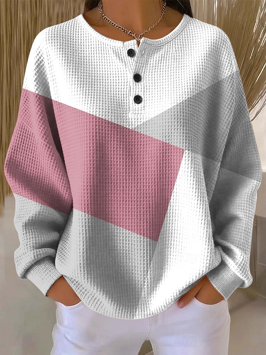 Damskie Z kapturem Guziki Graficzny Geometryczny Kolorowy blok Moda Codzienny Nadruk Długi rękaw Półgolf Okrągły dekolt Zwykłe topy Codzienny Ulica Niebieski Rumiany róż Zielony Wiosna Jesień Zima 2026 - $28.99 –P1