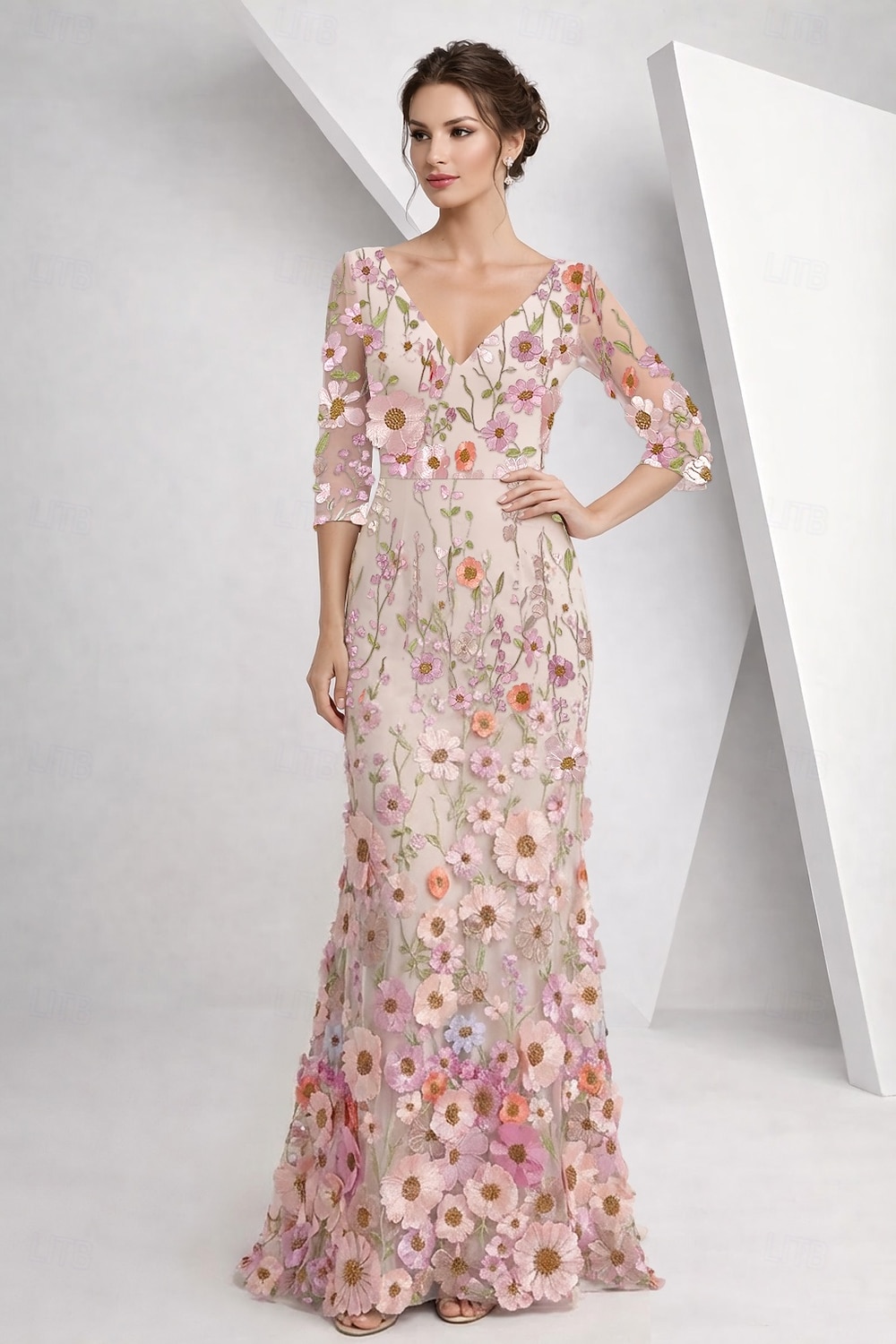 A-Line Floor Length Mother of the Bride Dress Half Sleeve V Neck Elegant Vintage Formal Lace Tulle with 3D Flowers Embroidery Flower 2026 - $186.99 –P1