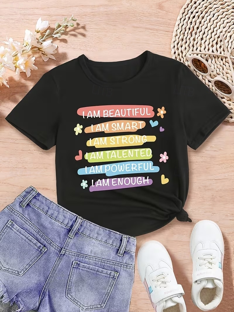 100 % bomull Barn Jente Svart Tekst T skjorte T-skjorte Crew-hals Kortermet Feriereise Sport & Utendørs Hverdag Mote Gatemote Fritid Printer Sommer 2026 - $14.99 –P2