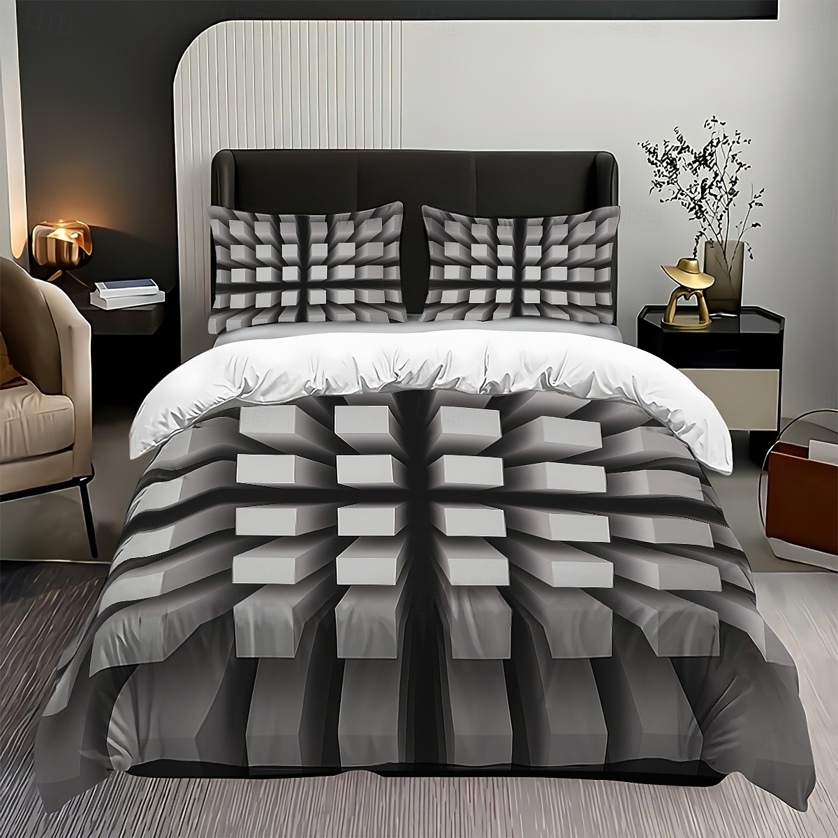 2026年 3D幾何学模様プリントの羽毛布団カバーセット、3点セット、ホテルスタイルの寝具セット、クイーンサイズ、羽毛布団カバー1枚と枕カバー2枚、柔らかいショートベルベット生地、掛け布団は含まれません  コレクション – $44.99 –P6