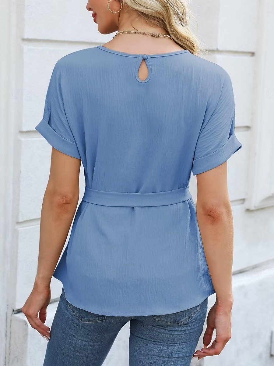 Damen Popover-Hemd Sommerhemd Freizeithemd Bluse Gerafft Schnürung Einfach Elegant Stilvoll Basic Kurzarm Rundhalsausschnitt Normale Oberteile Täglich Strand Ferien Blau Schwarz Weiß Grün Sommer 2026 - $24.99 –P7