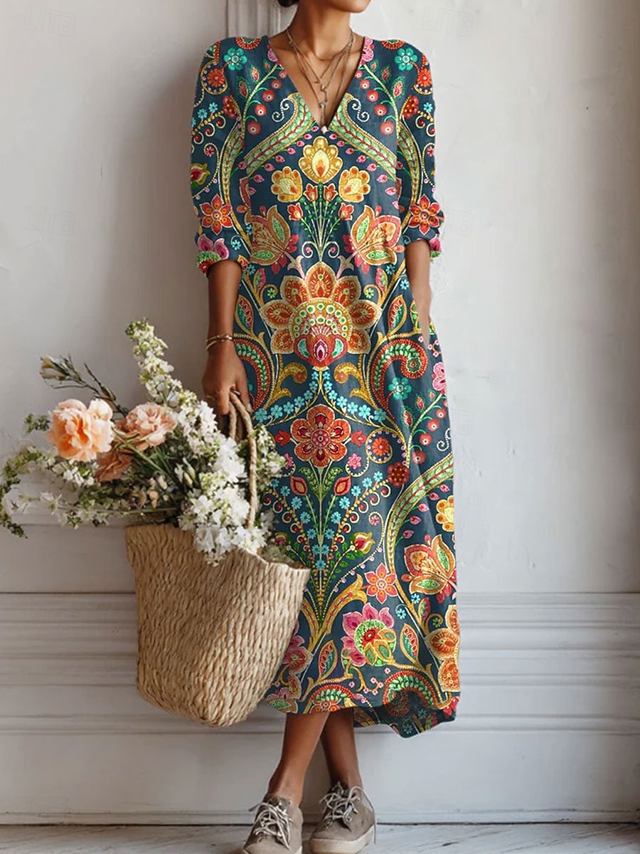 Women's Maxi Dress Linen Like Breathable Lightweight Sundress A Line Dress Vacation Casual Boho Holiday Regular Fit Floral Graphic Color Block Long Sleeve V Neck Yellow Pink Green Beige Summer Spring 2026 - $41.99 –P4