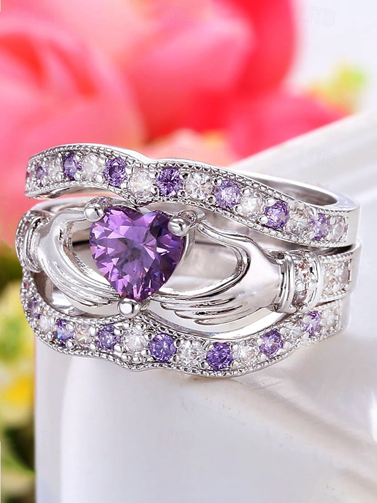Damesringenset met 3-in-1 hartvormige amethist, gemaakt van legering, verkrijgbaar in meerdere kleuren, elegant ontwerp voor bruiloften, Valentijnsdag en feestjes. 2026 - $11.99 –P3
