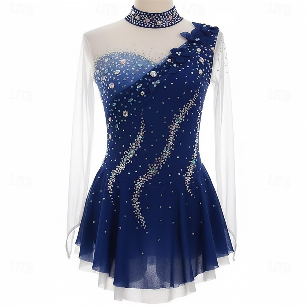 Robe de patinage artistique Femmes Patinage Robe Bleu Marine Patchwork Trou de pouce Élastique Entraînement Compétition Tenue de Patinage Classique cristal pailleté manche longue Patinage sur glace de 2026 ? $192.99 –P1