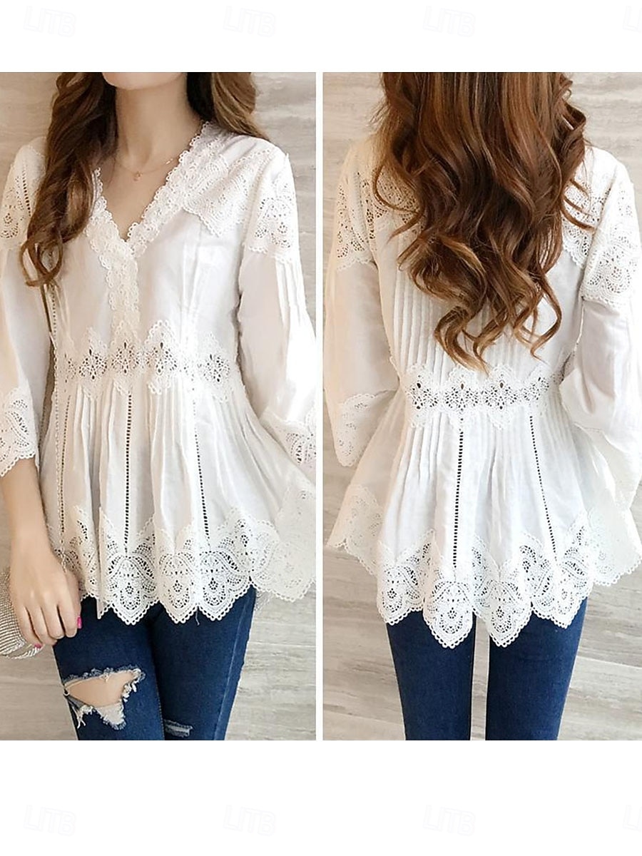 Damen Bluse Elegante Oberteile Spitzentops Gerafft Spitze Rüsche Einfach Elegant Damen Klassisch Langarm V Ausschnitt Lange Oberteile Täglich Arbeit Ferien Weiß Sommer Frühling 2026 - $38.99 –P1
