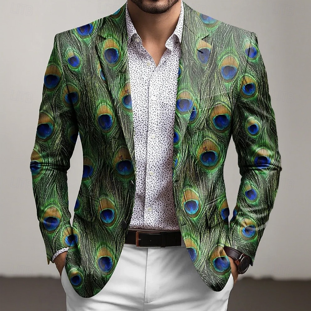 Homens Penas Jaqueta Blazer Casaco Confortável Respirável Artistíco Casual Diário Traje de festa para noite Impressão 3D Botões Bolso multi Outono & inverno Primavera Entalhe Manga Longa Roxo Verde de 2026 por $85.99 –P1