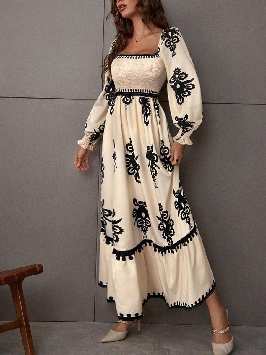 Mujer Vestido maxi Vestido de una línea Vestido de flores Elegante Moda Moderno Exterior Vacaciones Fiesta Ajuste regular Floral Manga Larga Escote Cuadrado Negro Burdeos Marrón Albaricoque Primavera 2026 - $41.99 –P4