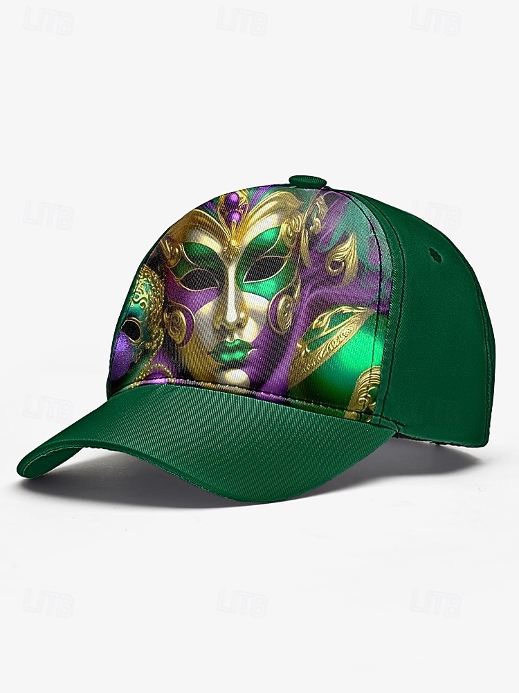Gorra de béisbol de poliéster para hombre con estampado de máscara de Mardi Gras, ajuste ajustable, varios colores, ideal para carnaval, festivales y atuendos casuales. 2026 - $14.99 –P6