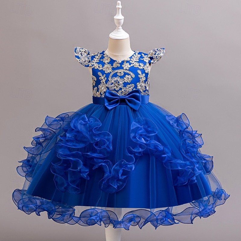 Robe de Demoiselle d'Honneur Fille Fille Robe de soirée Tenue de mariage Soirée Mariage Formel Mode Adorable Princesse Patchwork Broderie Fleuri Sans manches Col en V Bleu Champagne 4 ans et + de 2026 ? $42.99 –P5