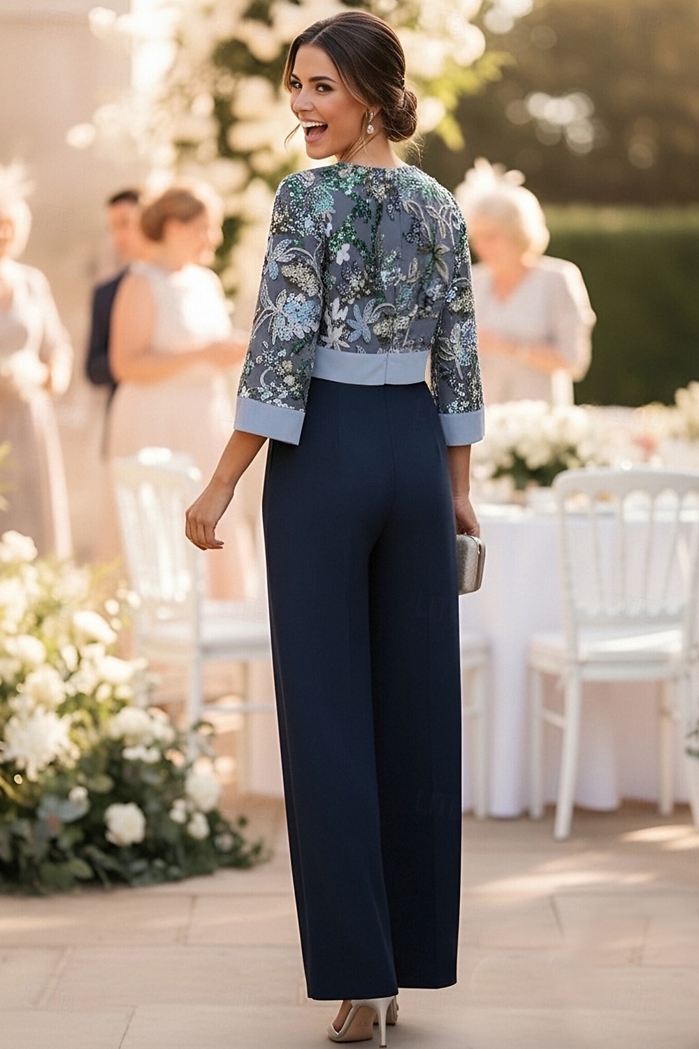 Overalls Bodenlang Perlenbestickt Abendkleid Kleid der Brautmutter Brautmutterkleid Langarm Rundhalsausschnitt Elegant Einfach Minimalistisch Formell Hochzeitsgast mit Schärpe / Band 2026 - $175.99 –P2