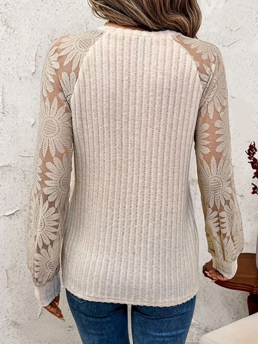 Women's Shirt Blouse Lace Tops Long Sleeve Tops Lace Patchwork Plain Stylish Basic Classic Long Sleeve Crew Neck Regular Tops Daily Holiday Going out Apricot Summer Spring 2026 - $21.99 –P3