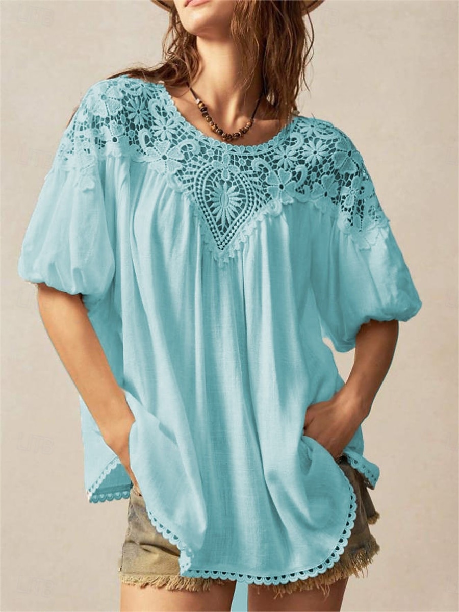 Mujer Tops de verano Blusa Tops de encaje Frunce Encaje Retazos Plano Elegante Tropical damas Manga Corta Manga de la linterna Cuello Barco Tops regulares Diario Trabajo Festivos Blanco Amarillo Rojo 2026 - $32.99 –P4