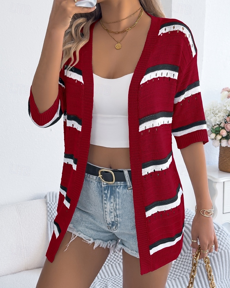 Dam Skjorta Blus Stickad Randig Stylish Klassisk Modern Halvlång ärm V-hals Vanliga toppar Dagligen Helgdag Utekväll Vin Brun Kaki Sommar Vår 2026 - $34.99 –P12