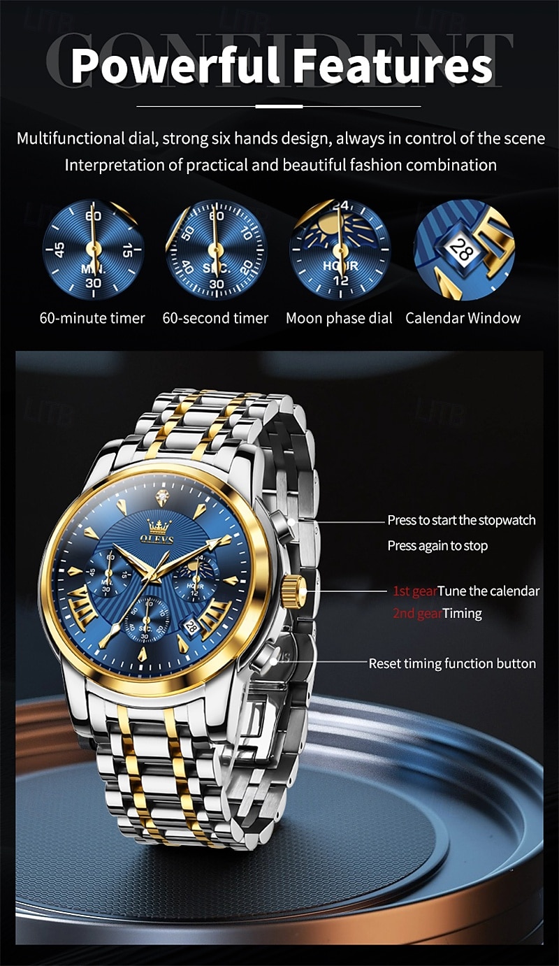 Nuovo orologio da uomo business del marchio olevs con calendario luminoso, fasi lunari, cronometro, orologio al quarzo multifunzionale e alla moda, orologio da polso da uomo casual, resistente del 2026 a $39.99 –P2
