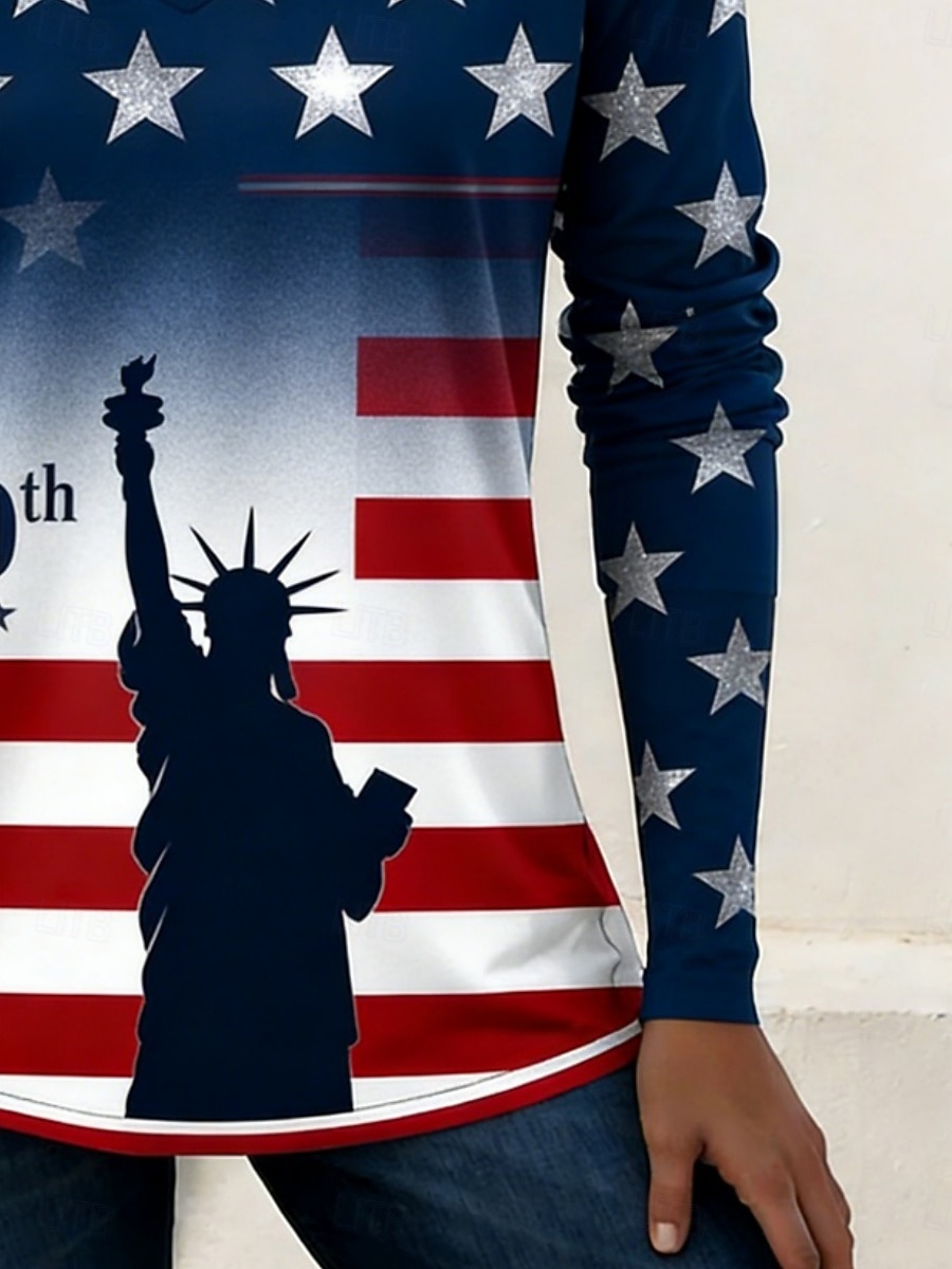 American Independence Day Women's T Shirt Tee Top Print Graphic American Flag Stylish Classic Casual Long Sleeve V Neck Regular Tops Daily Going out Weekend Blue Navy Blue Summer Spring Fall 2026 - $19.99 –P4
